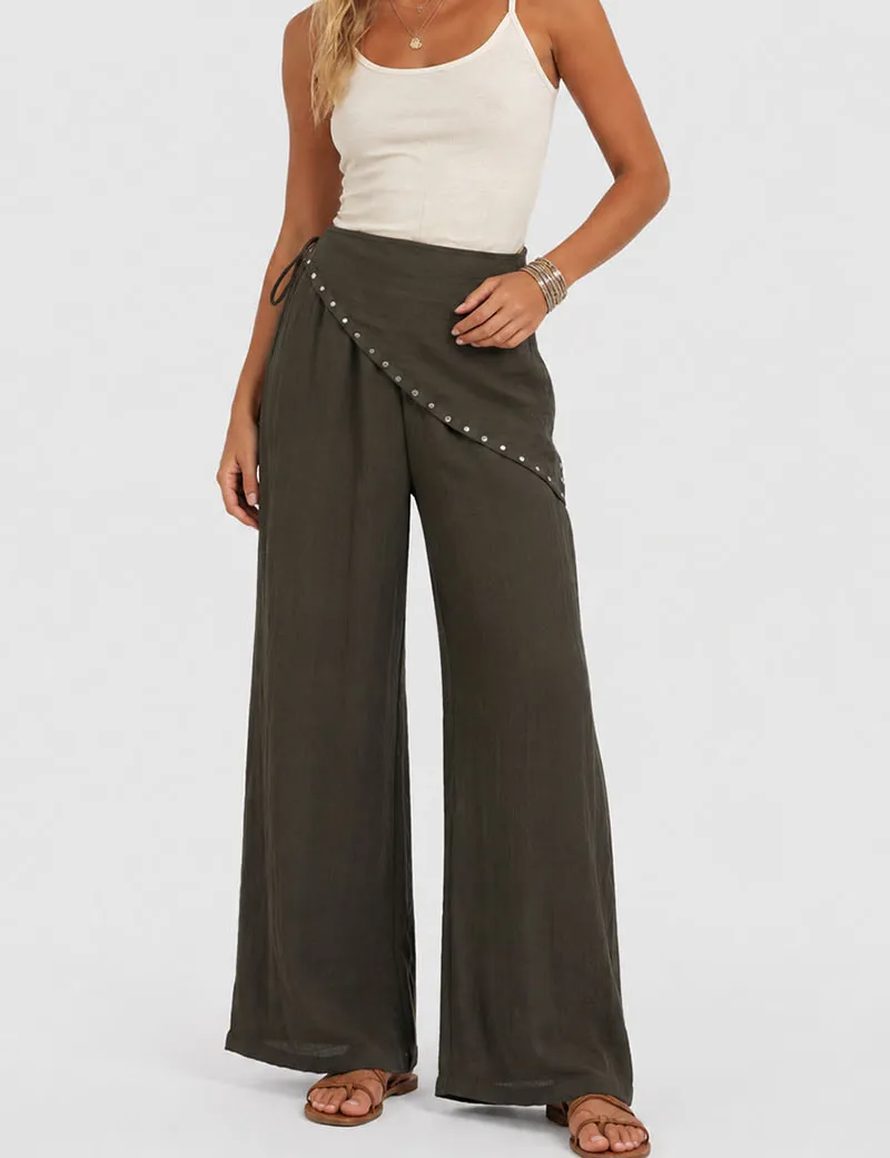 Detachable Studded Wrap Belt Wide Leg Pants
