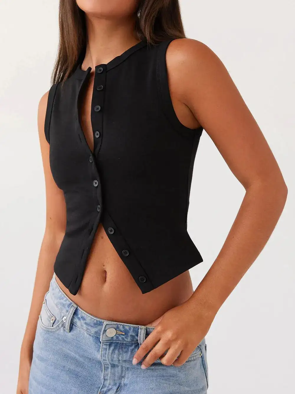 Button Up Round Neck Tank