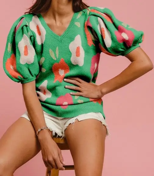 Emerald Floral Puff Sweater