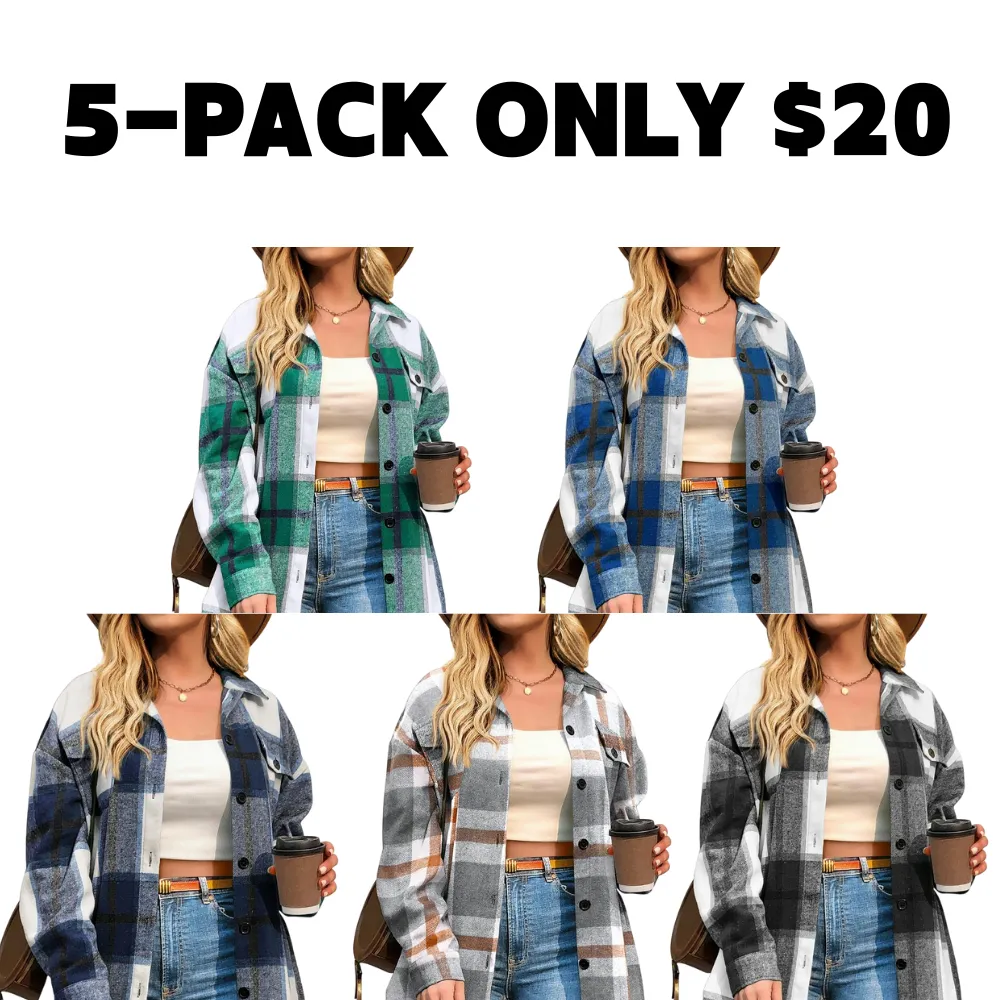 Women's Plus Size Shacket Jacket Flannel Plaid Long Sleeve Button Down Shirts Casual Fall Blouses Tops Winter Coats Winter Holiday