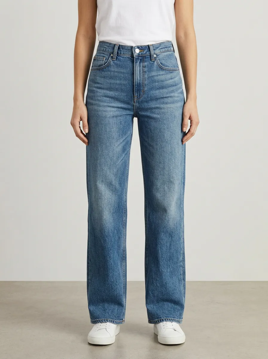 Leisure-Ready High-Rise Straight-Leg Vintage-Wash Denim Jeans