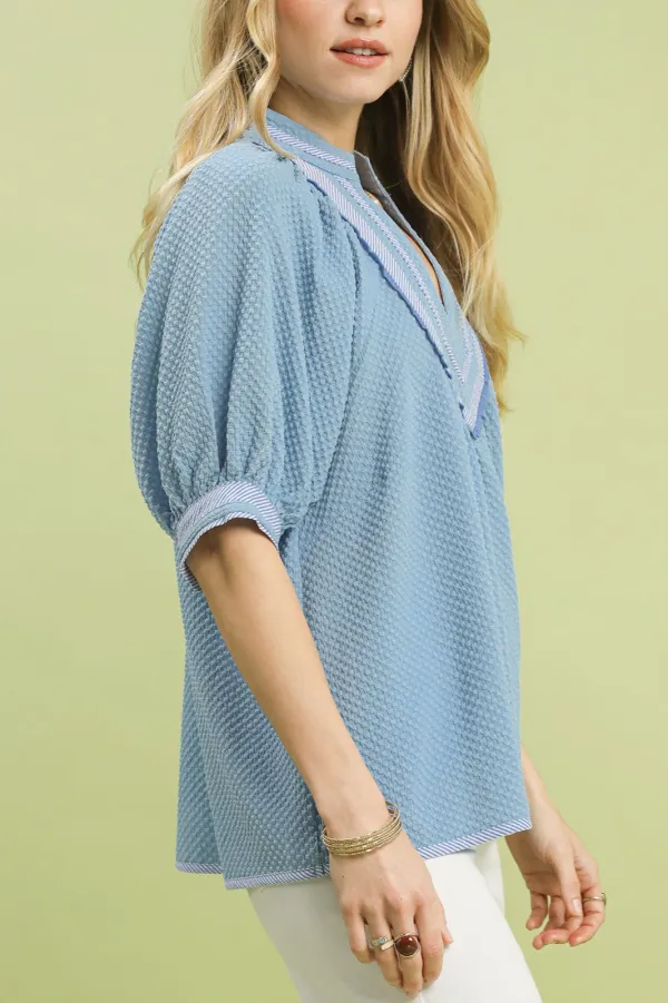 Textured Jacquard Contrast Trim Top