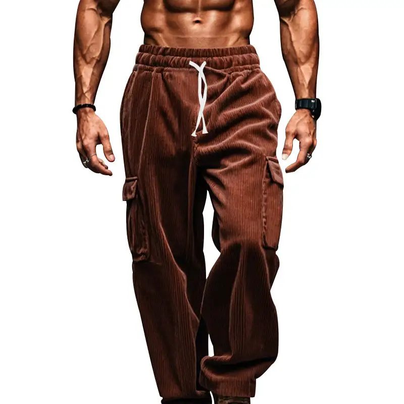 Men's Oversized Corduroy Cargo Pants with Elastic Drawstring Waistband and Multiple Pockets