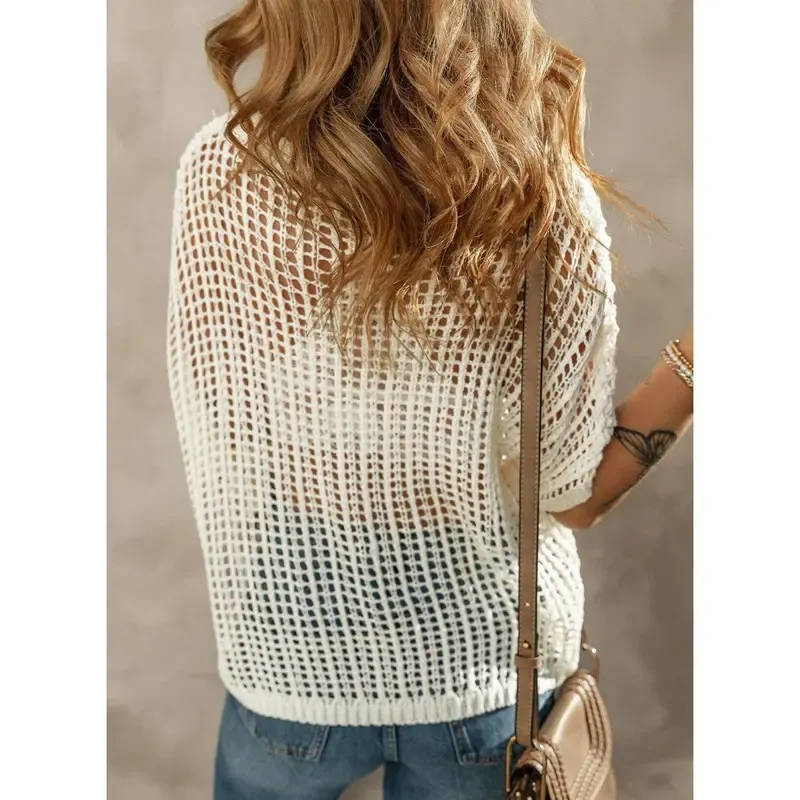 Women's Summer Scoop Neck Short Sleeve Sweater Casual Crochet Hollow Out Knit Tops Pullover Shirts Beach Coverup
