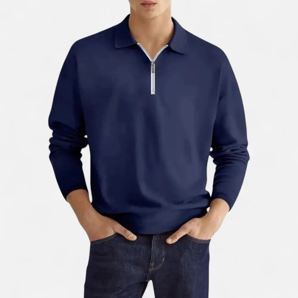 Denim Zip Collar Long Sleeve Polo Shirt