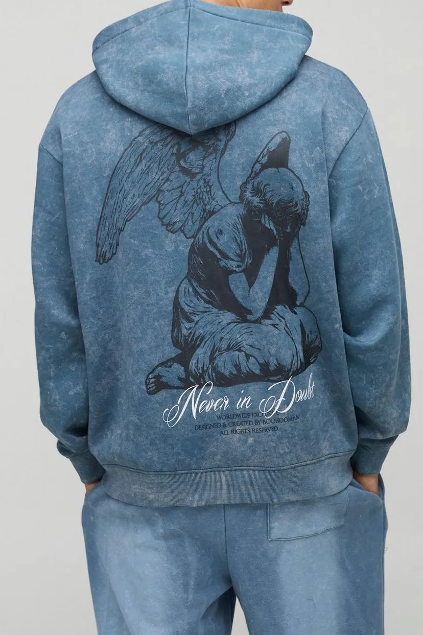 Oversized Graphic Washed Zip Through Hoodie Fall And Winter Cotton Daily