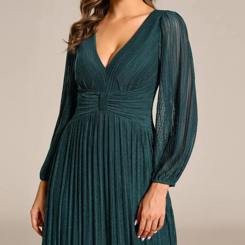 【EVER PRETTY 】curvy dress,Glittery Empire Waist A-Line Dress with Long Lantern Sleeves