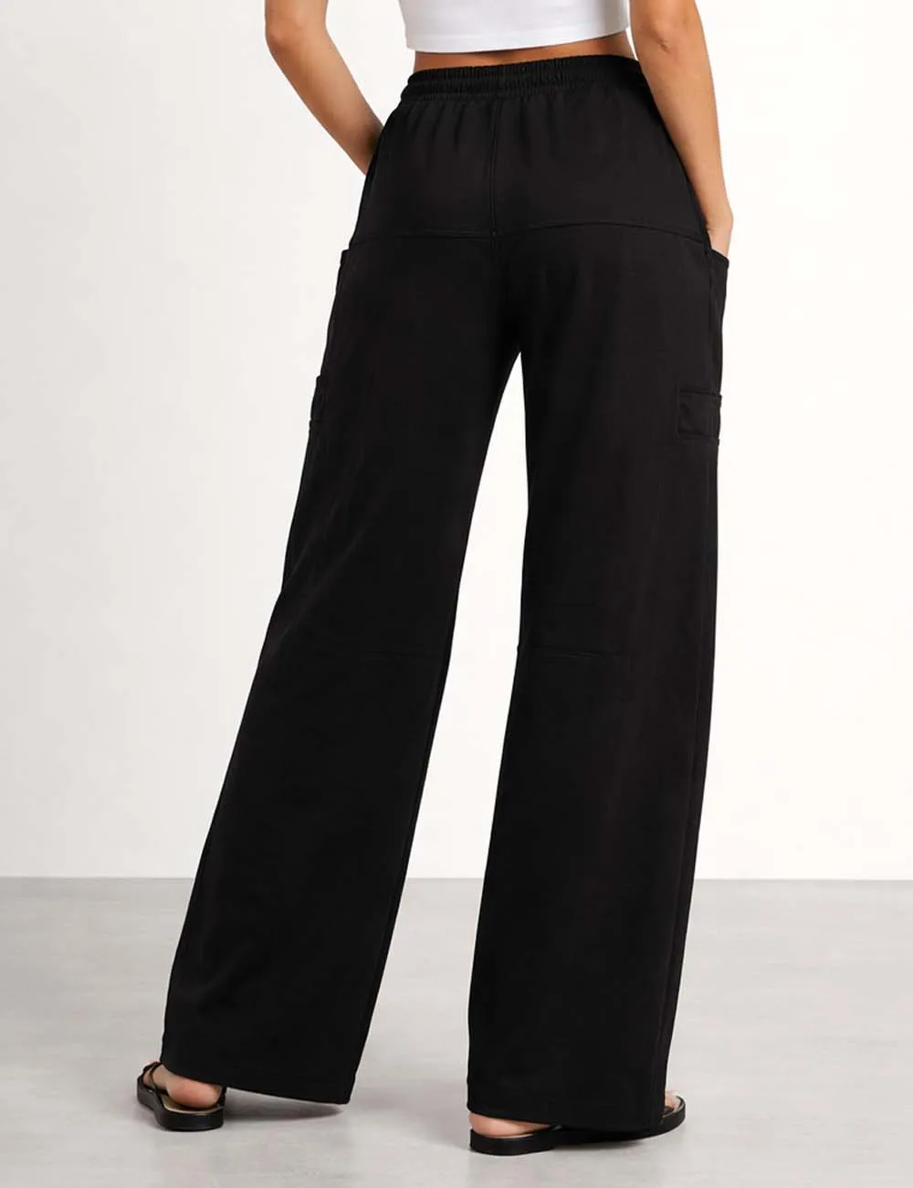 Elastic Waist Drawstring Pocket Straight Leg Denim Pants