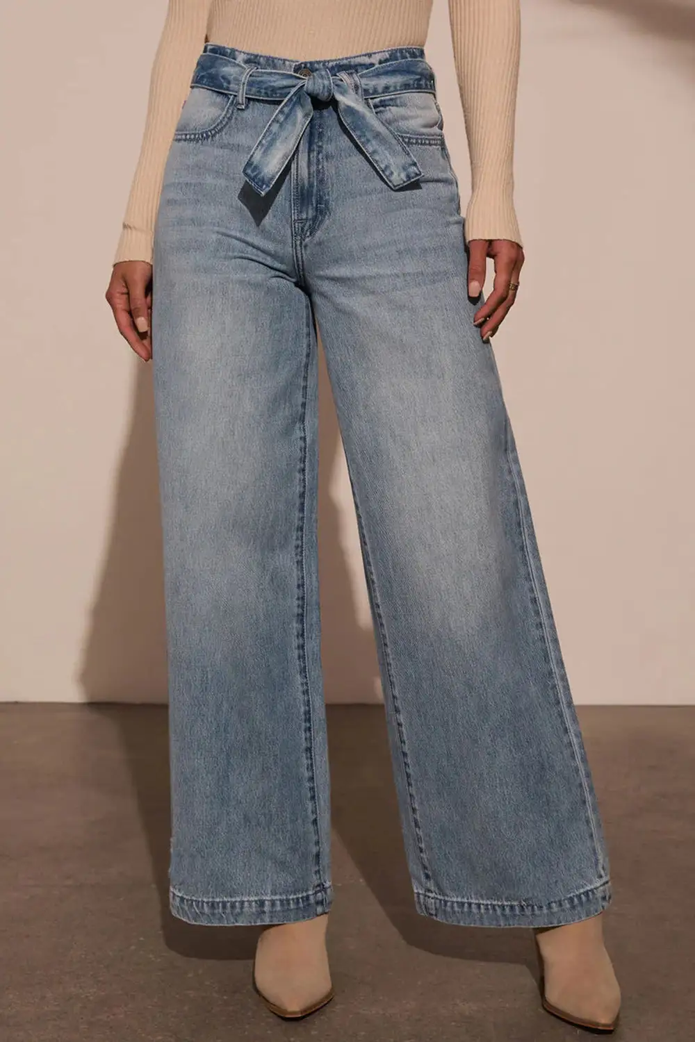 Tied Wide Leg Pocket Denim Jeans