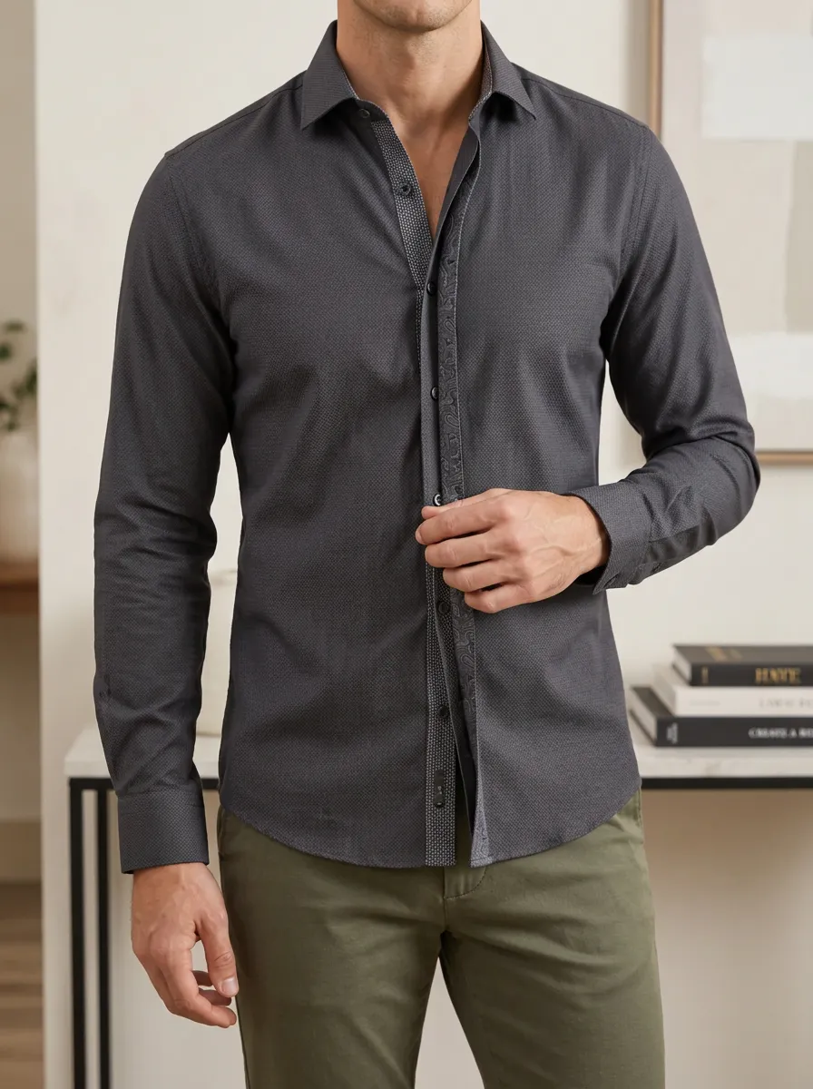 Men's Business Casual Paisley Trimmed Slim Fit Printed Shirt