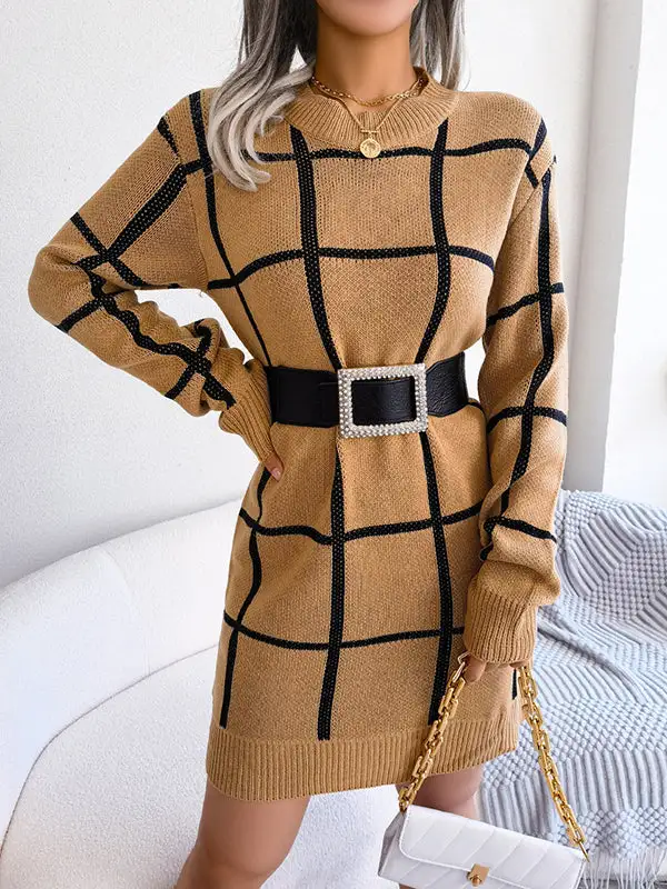 Elasticated Waist Long Sleeve Belted Contrast Color Plaid Round Neck Mini