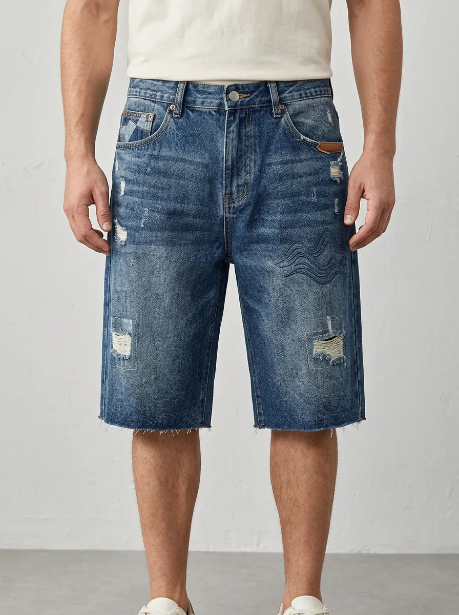 Men's Wave Distressed Raw Hem Distressed Denim Shorts