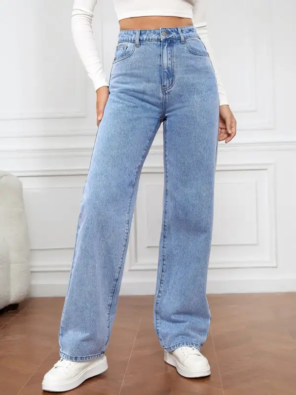 High Waist Straight Leg Washed Denim Jeans