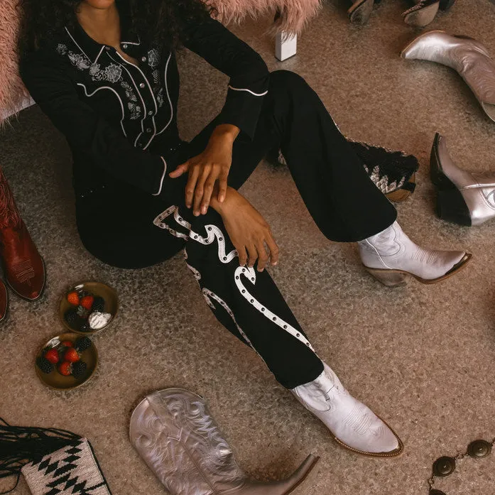 High Rise Bootcut Studded Jeans