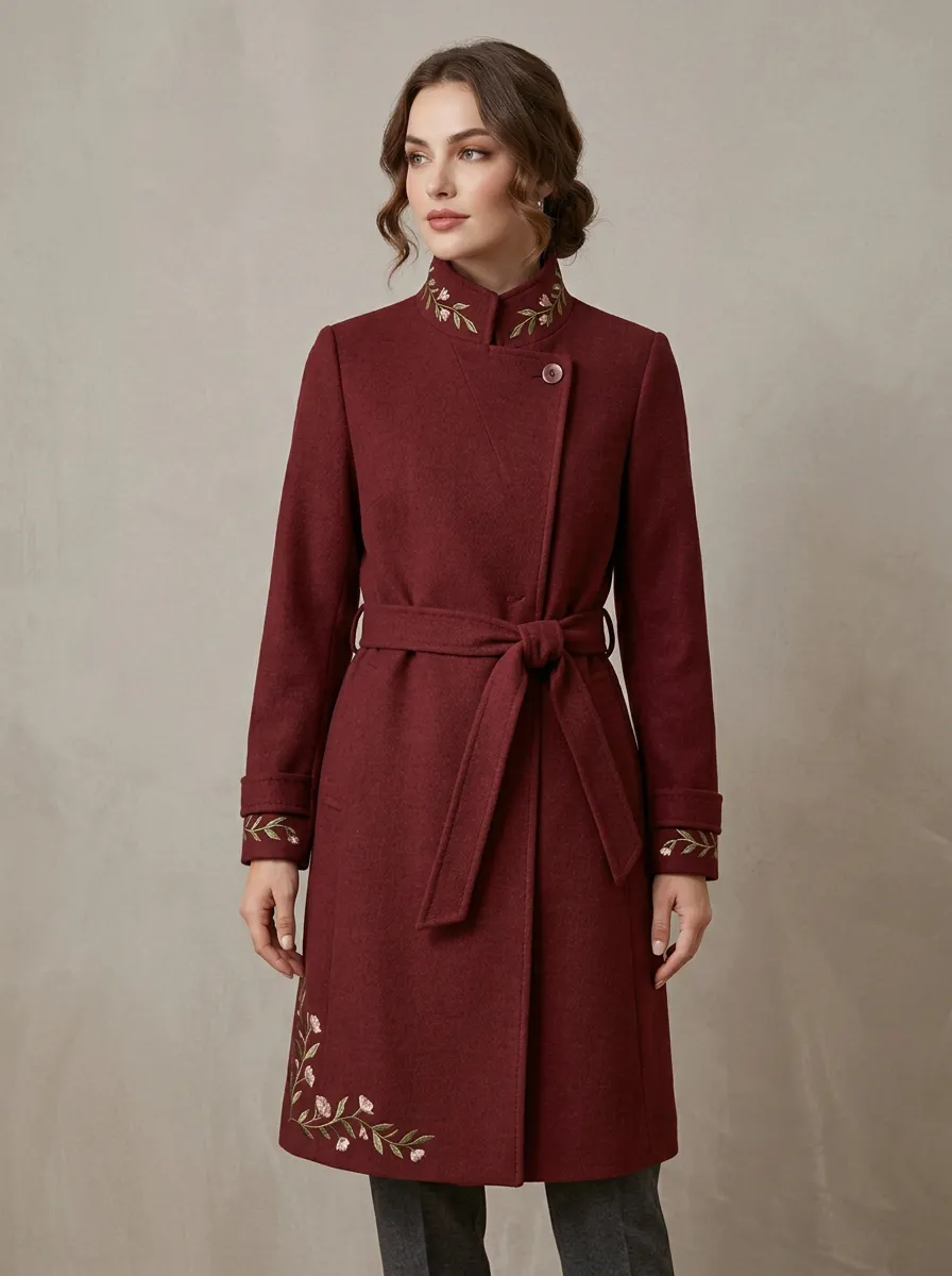 Women's Floral Embroidery Beige Wool Blend Belted Coat