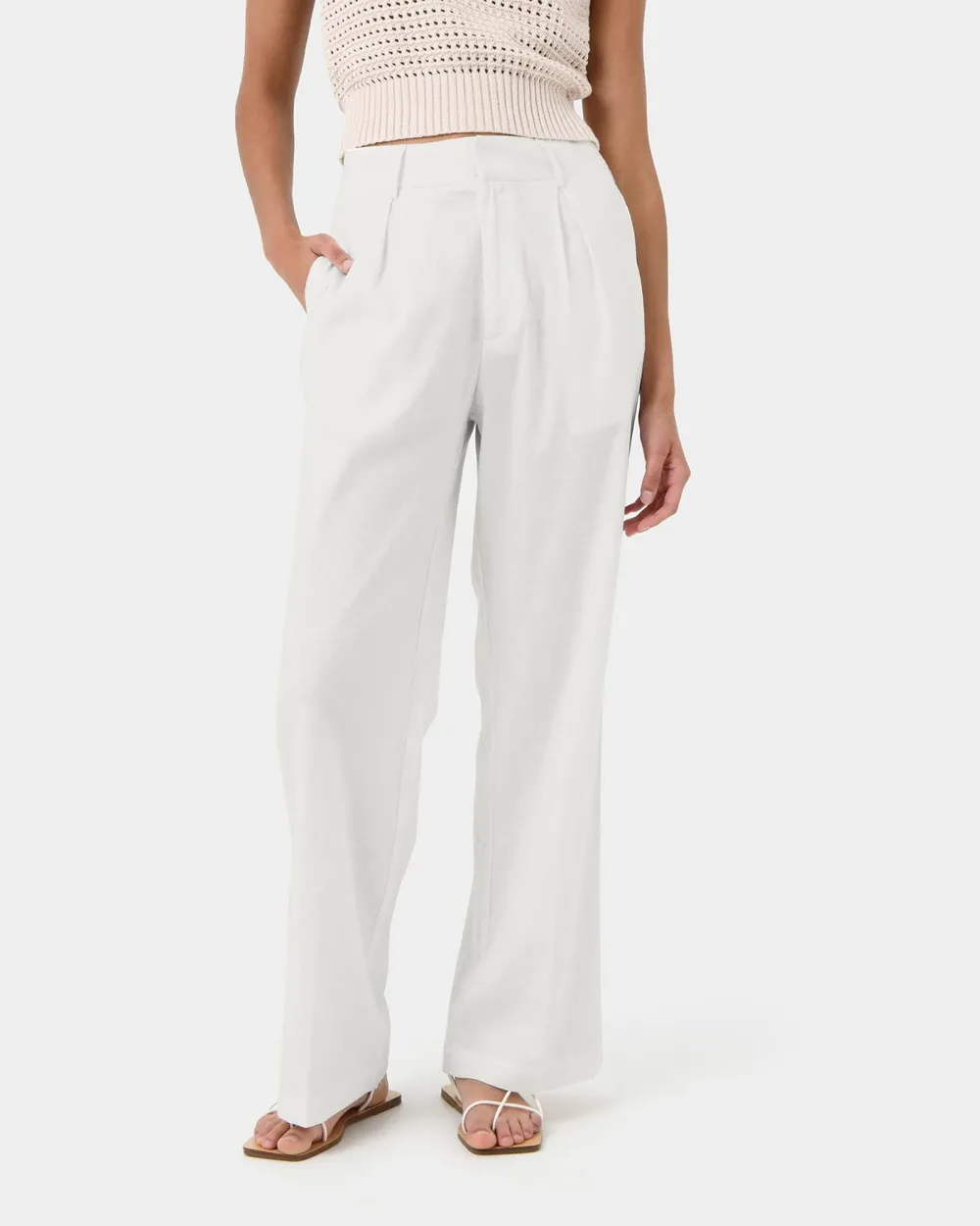 High Waisted Design Linen Tailored Pants -Lvory