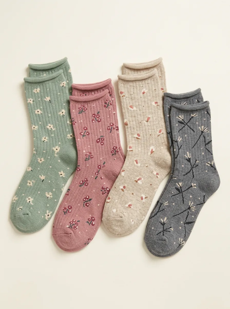 Women's Rolled Edge Floral Ribbed Crew Socks Four Pair Set