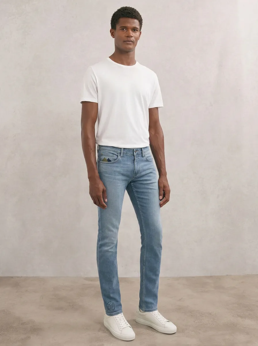 Men's Classic Comfort Geometric Hem Printed Stretch Denim Jeans
