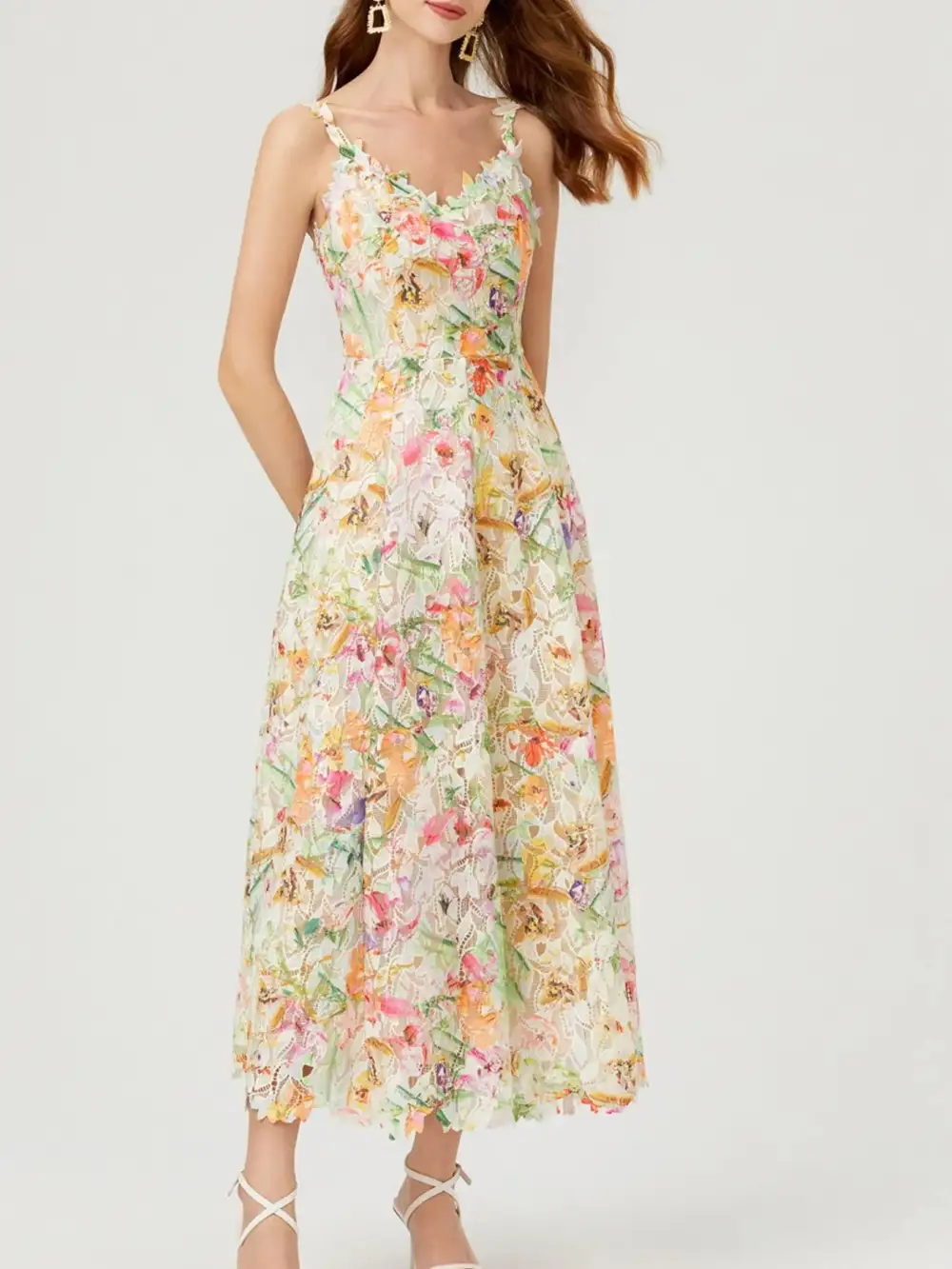 Floral Lace V Neck Midi Dress