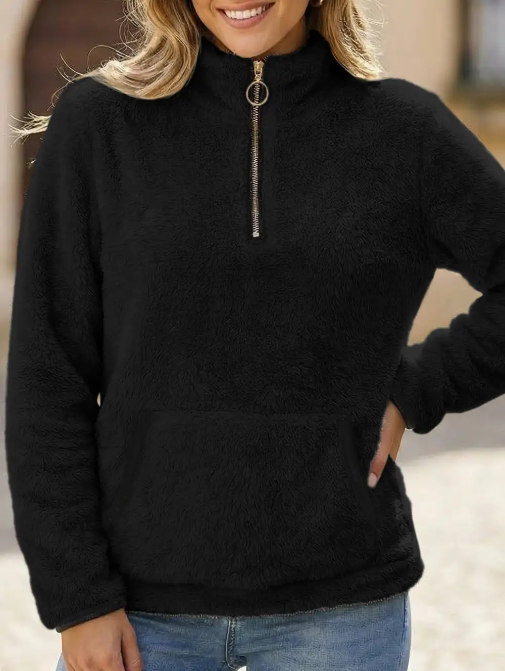 High Neck Zip Up Pocket Sweatshirt