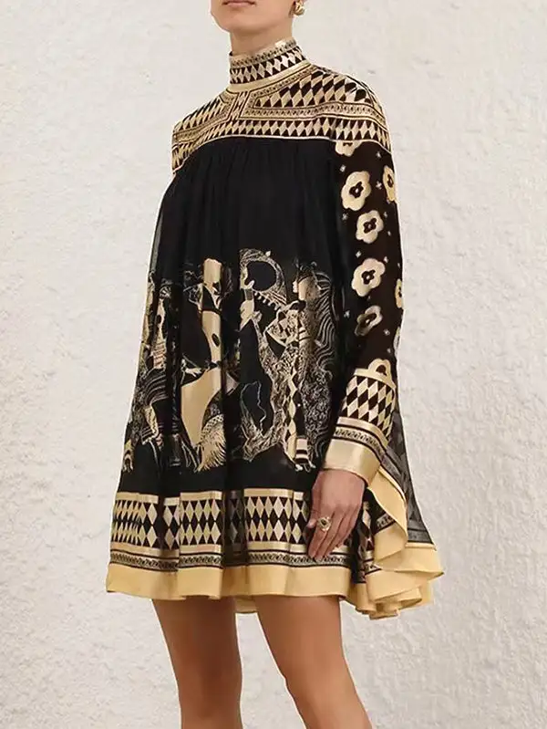 A Line Long Sleeve Bronzing Printed Split Joint Mock Neck Mini