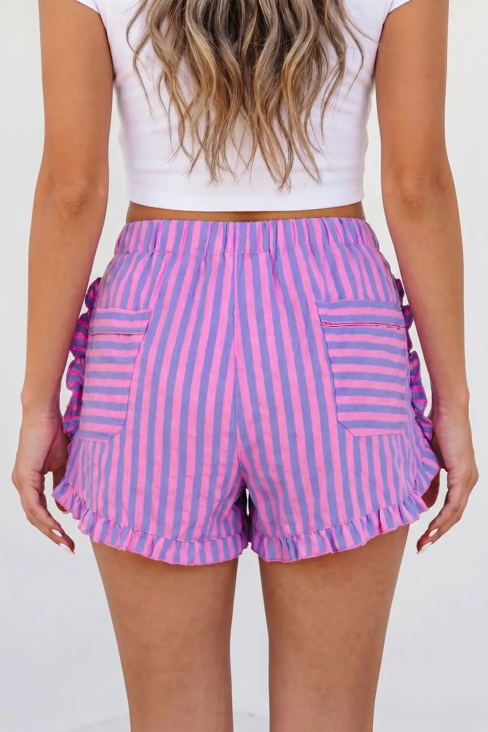 Striped Ruffle Trim Elastic Waist Casual Shorts