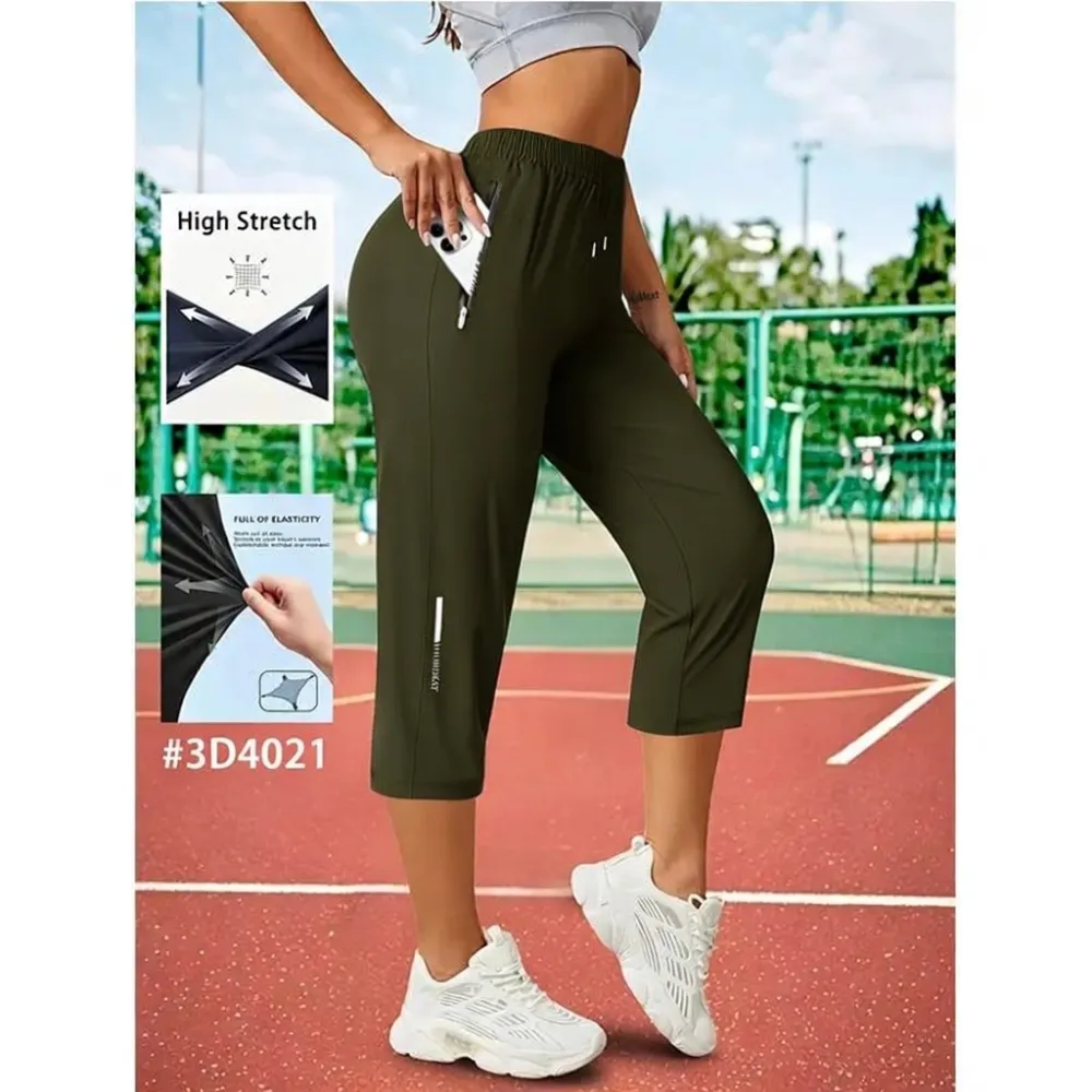 Women’s Capri Pants – Loose Fit, Summer Drawstring Waist, Zipper Pockets, Breathable High-Stretch Fabric, Suitable for Everyday Wear