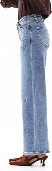 Mid-low Rise Baggy Jeans Stretchy Wide Leg for Women Distressed Pants