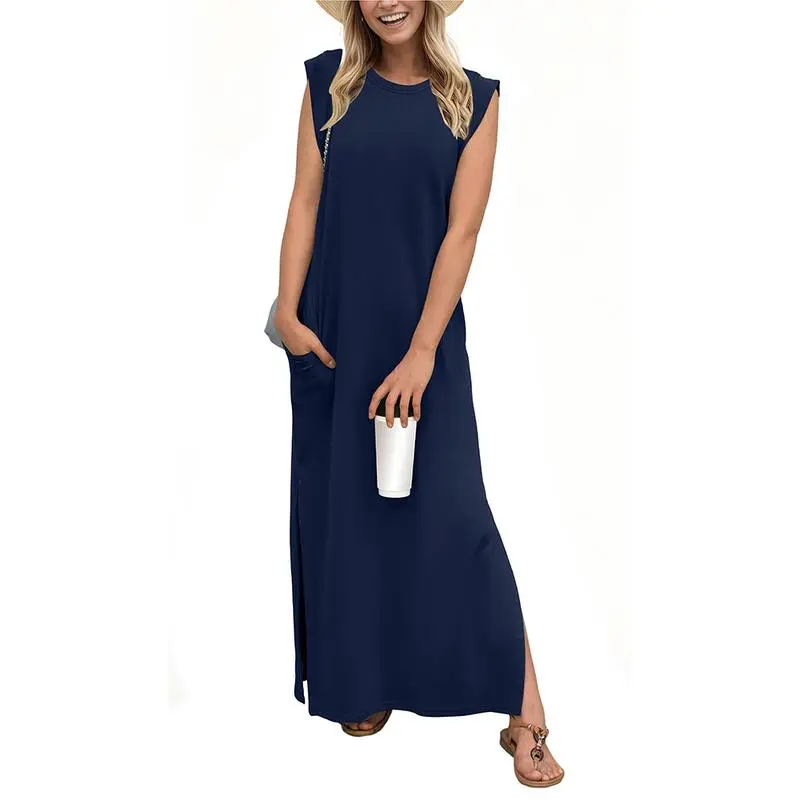 6PACK-Summer Round Neck Casual Loose Split Wrinkle-Free Long  Dress