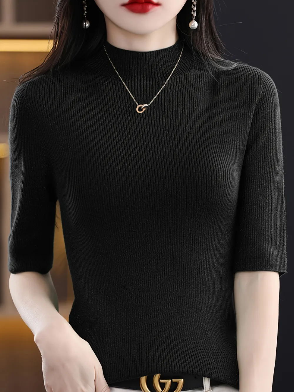 Mock Neck Knitted Top Casual Short Sleeve