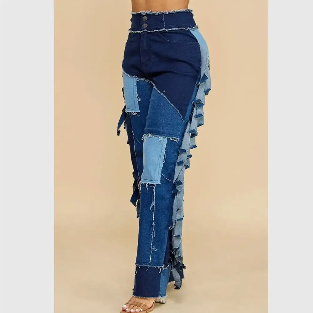 Fringe Drama Patchwork Jeans High Waist Flare Denim In Plus