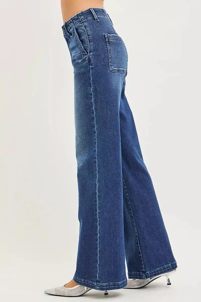 High Rise Slanted Pocket Wide Leg Jeans