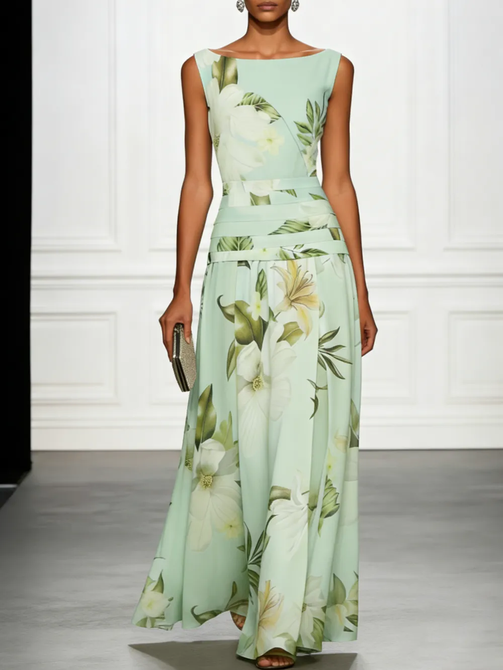 A Line Boat Neck Floral Maxi Dress