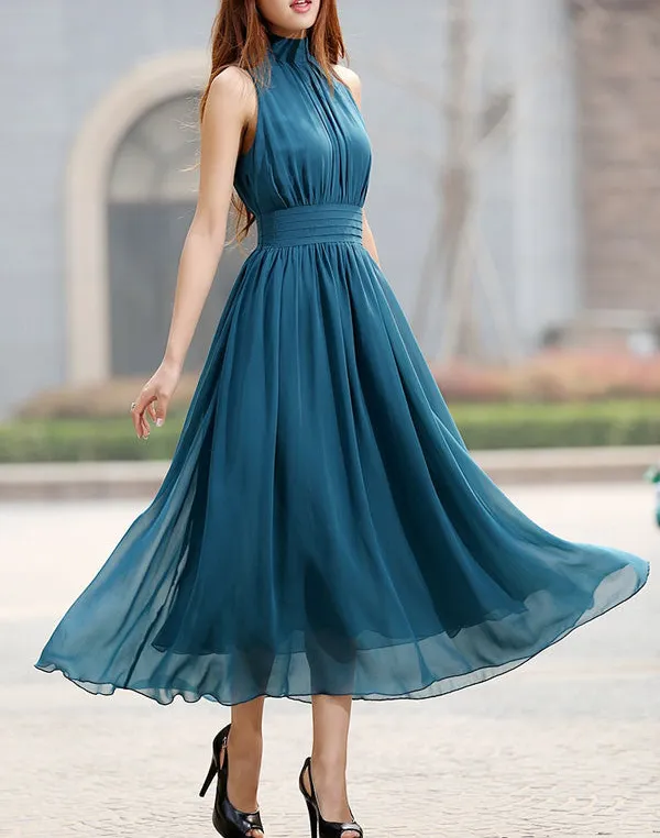 Refined Chiffon Pleated Sleeveless Midi Dress