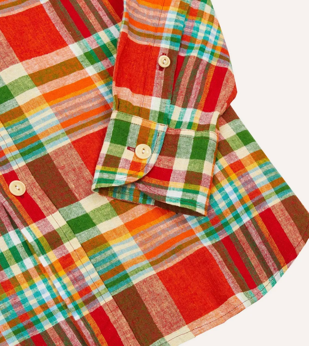 Red and Green Madras Check Cotton-Linen Two-Pocket Work Shirt Casual Style