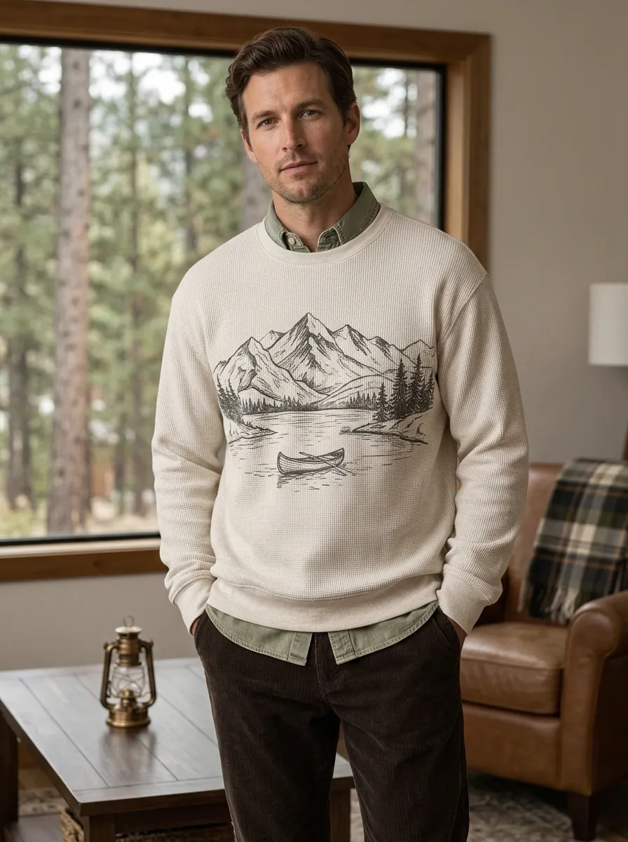 Men's Nature Lover Mountain Lake Canoe Printed Waffle Sweatshirt