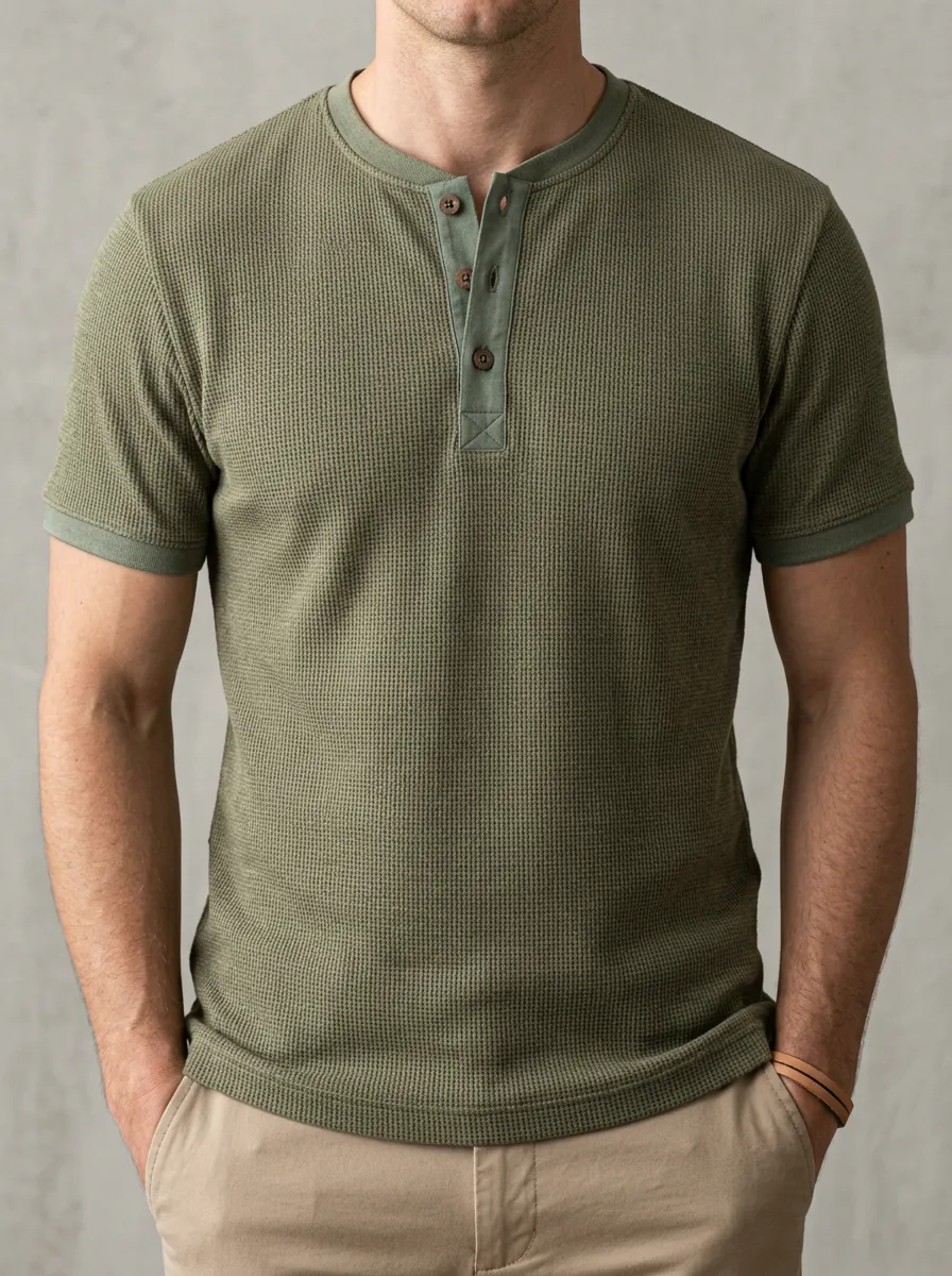 Men's Core Waffle Knit Button Placket Henley Shirt