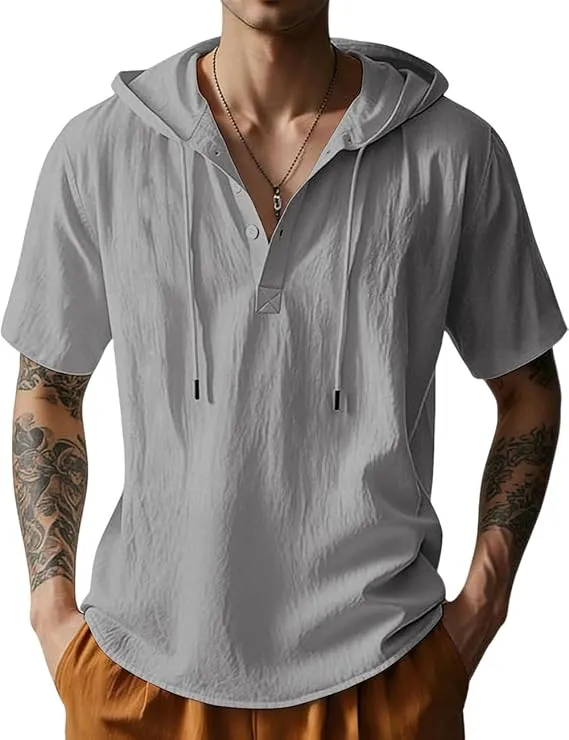 Men's Cotton Linen Short Sleeve Hooded Shirt