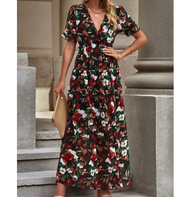 Floral V Neck Short Flounce Sleeve Dress