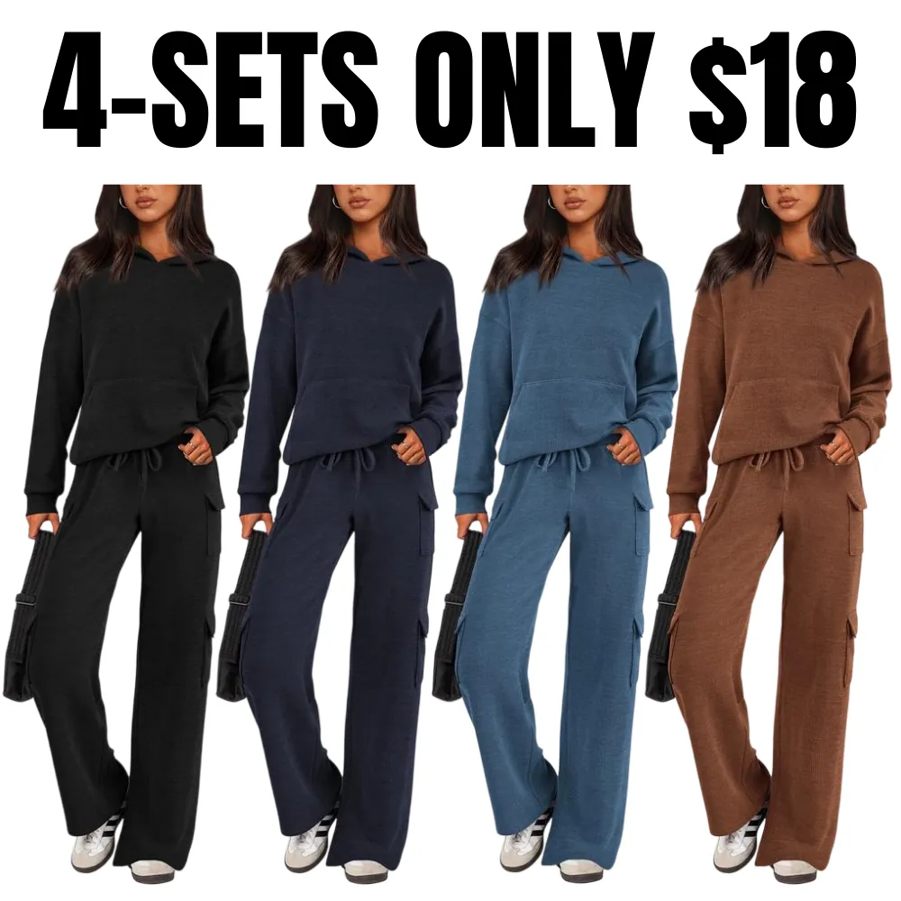 Women's 2-Piece Knitted Sets Hoodie & Wide Leg Pants with Pockets