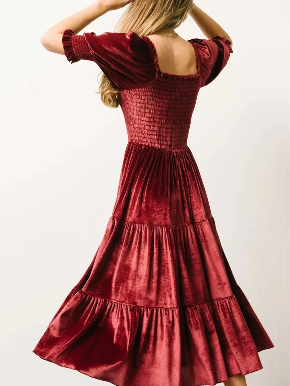 Velvet Tiered Smocked Midi Dress