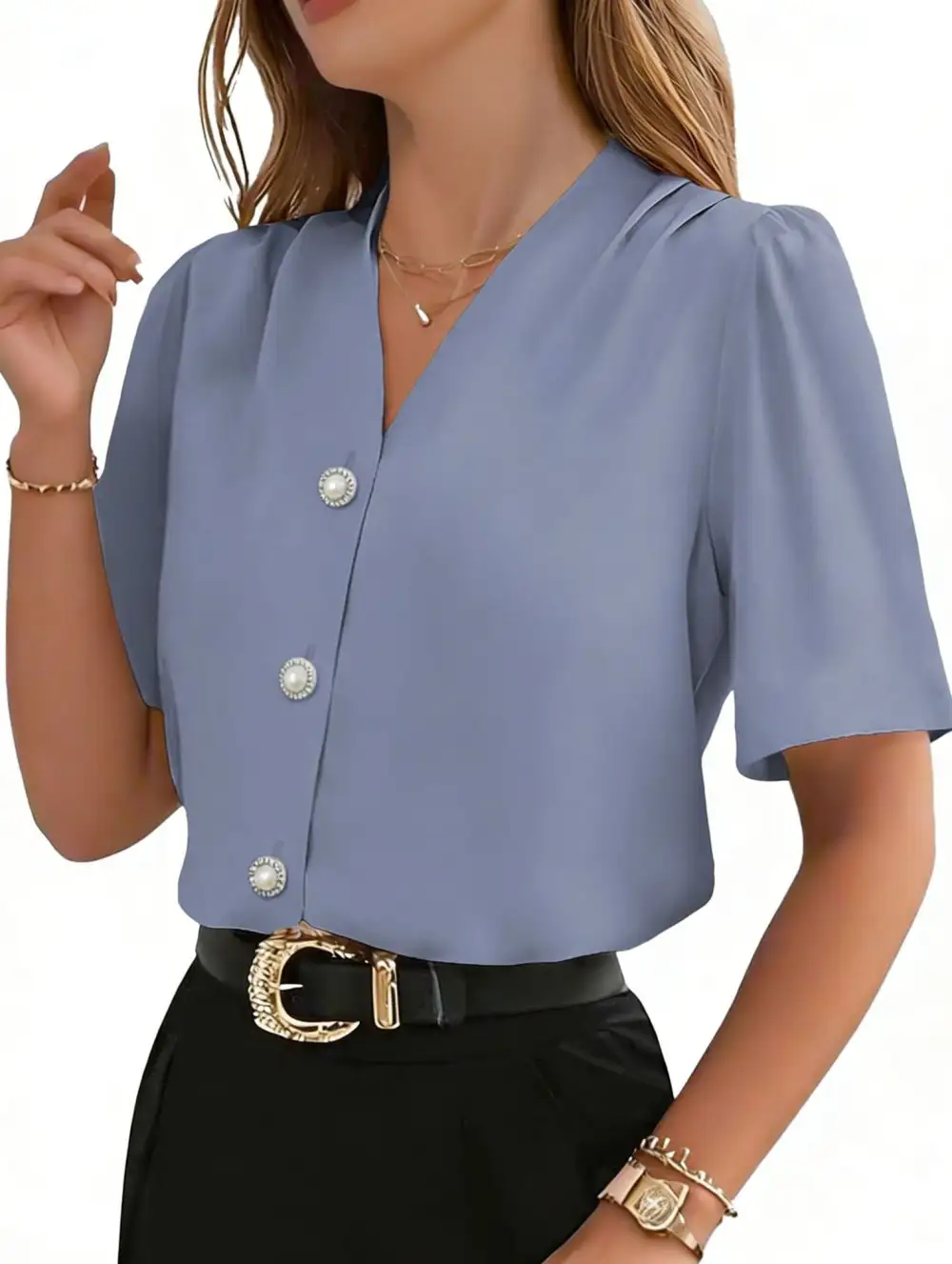 V Neck Button Short Sleeve Shirt