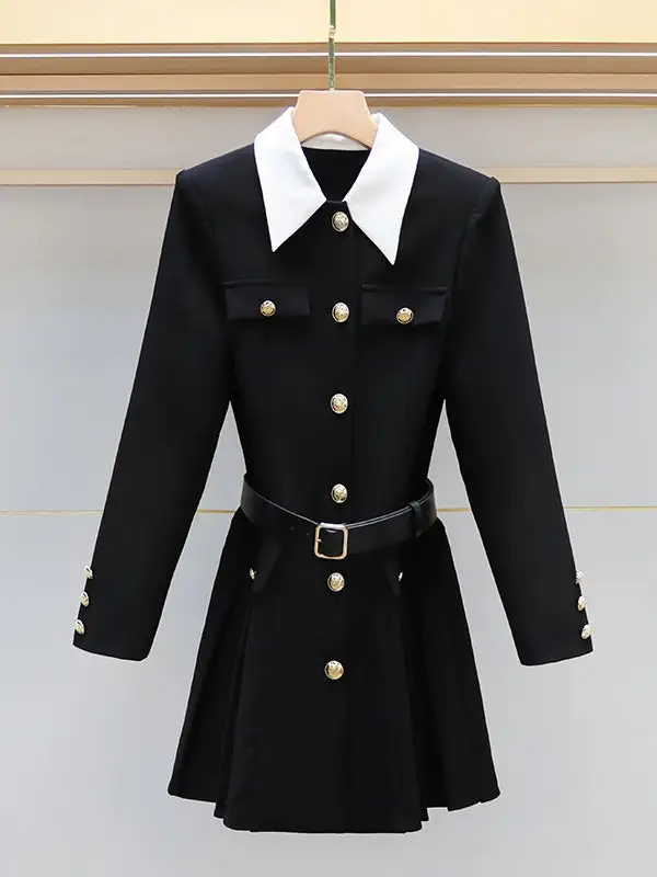 Elasticated Waist Long Sleeve Belted Buttoned Contrast Color Pleated Single Breasted