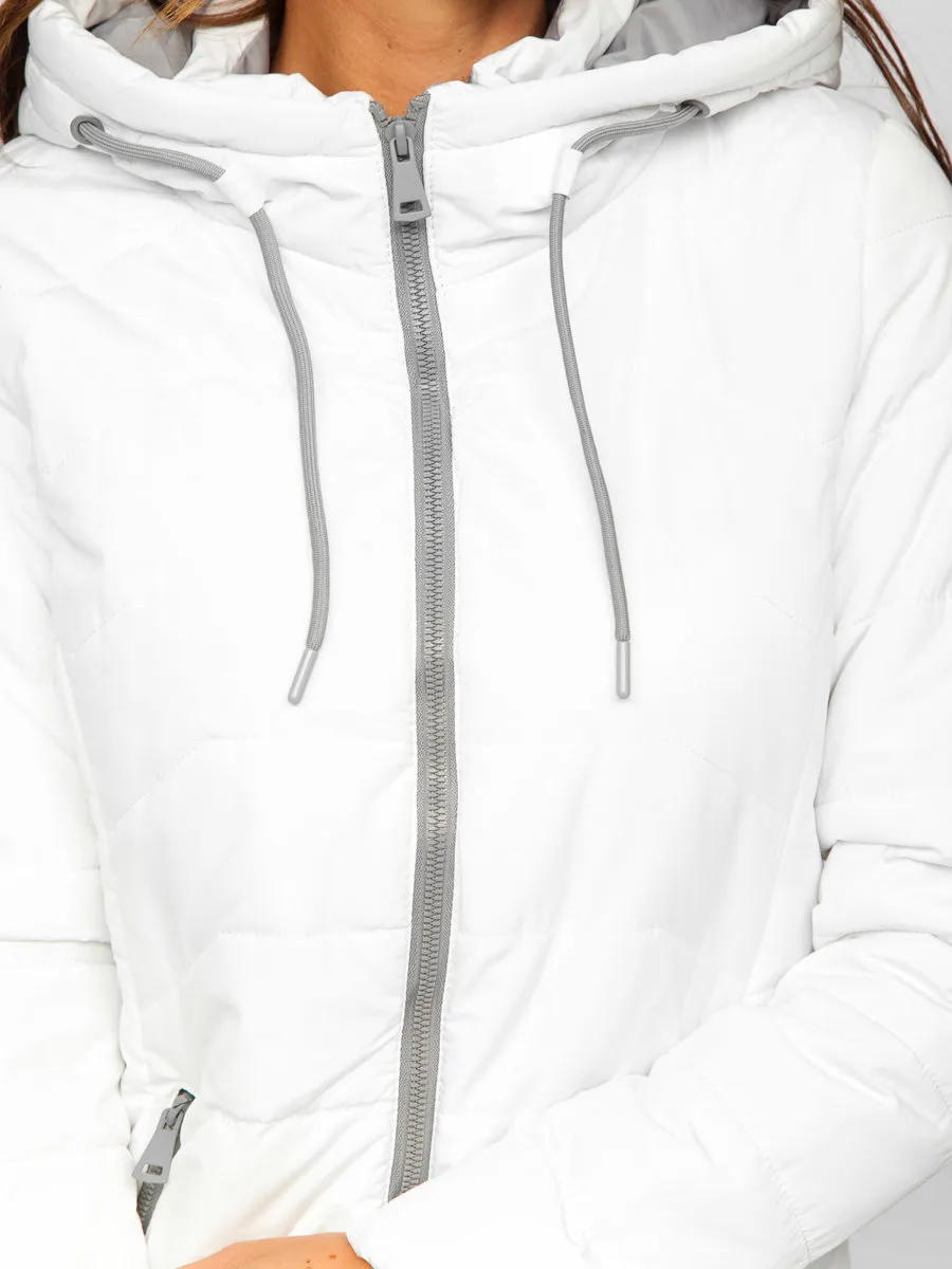 white women's long quilted winter jacket with hood