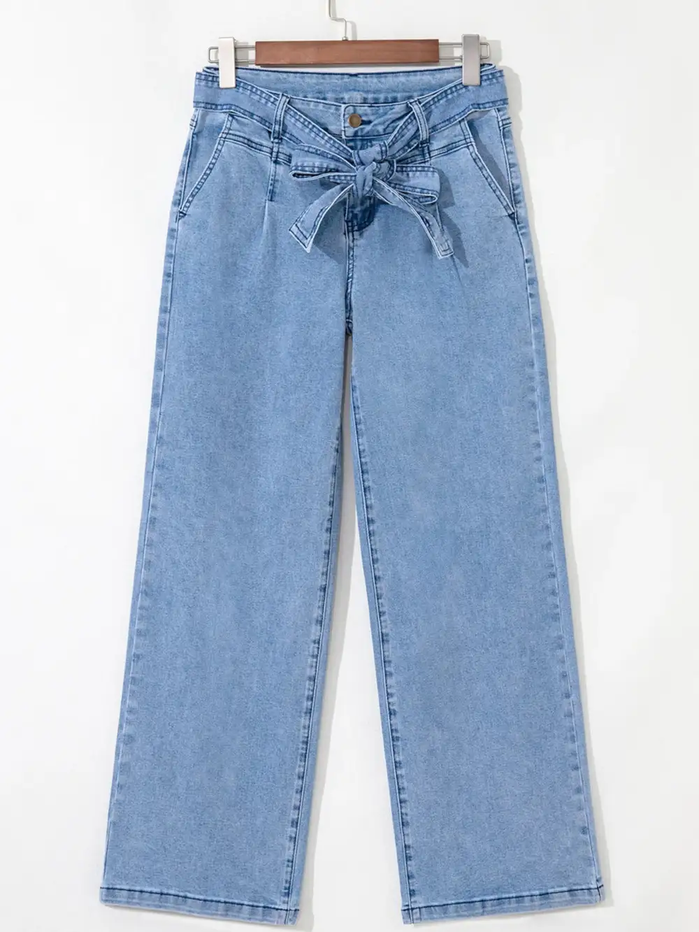 High Waisted Wide Leg Belted Denim Jeans