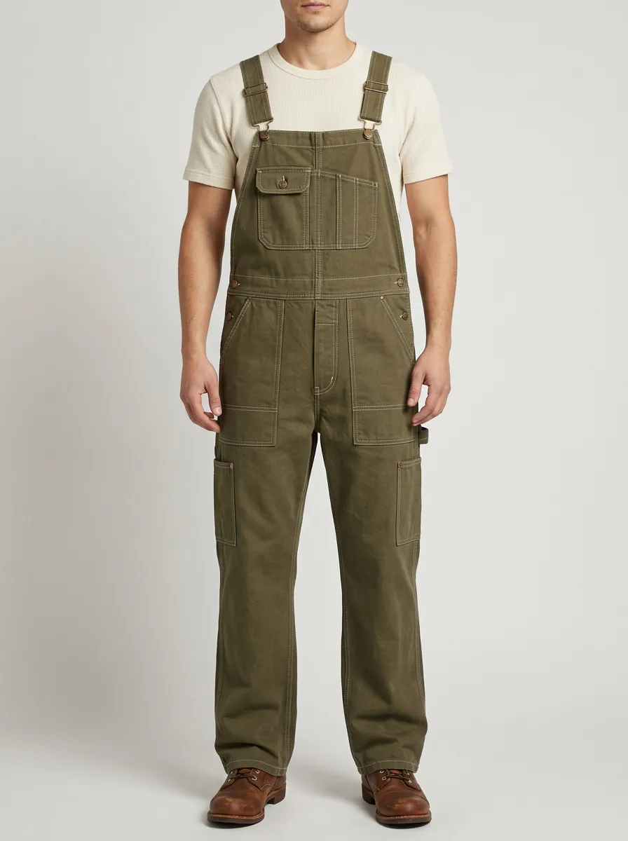 Men's Vintage Style Olive Green Cotton Cargo Overalls