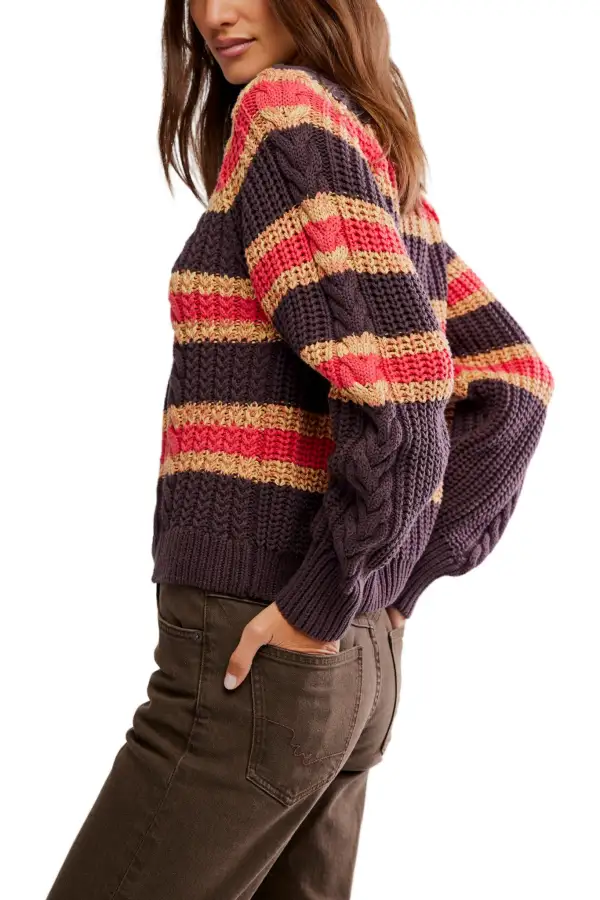 Striped Cable Knit Cropped Boxy Pullover Sweater