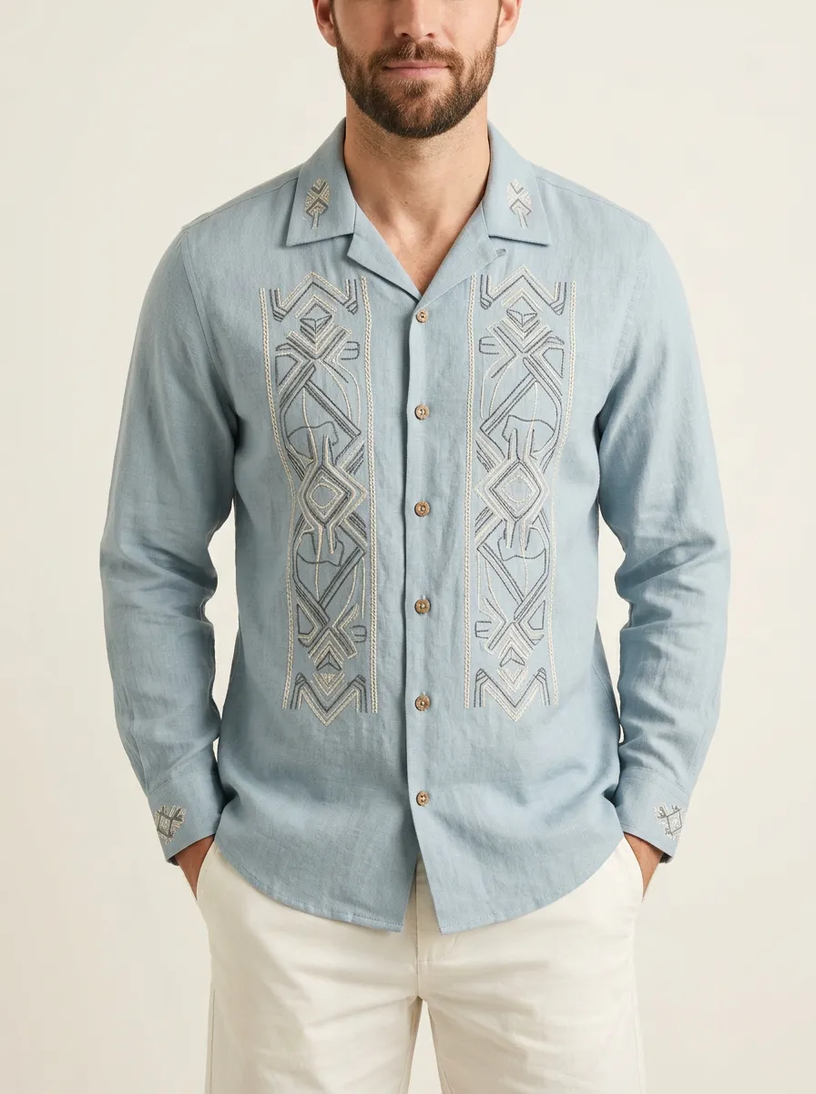 Men's Long Sleeve Geometric Boho Embroidered Shirt