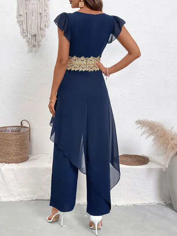 Casual Simple Elegant Lace Splicing V Jumpsuit