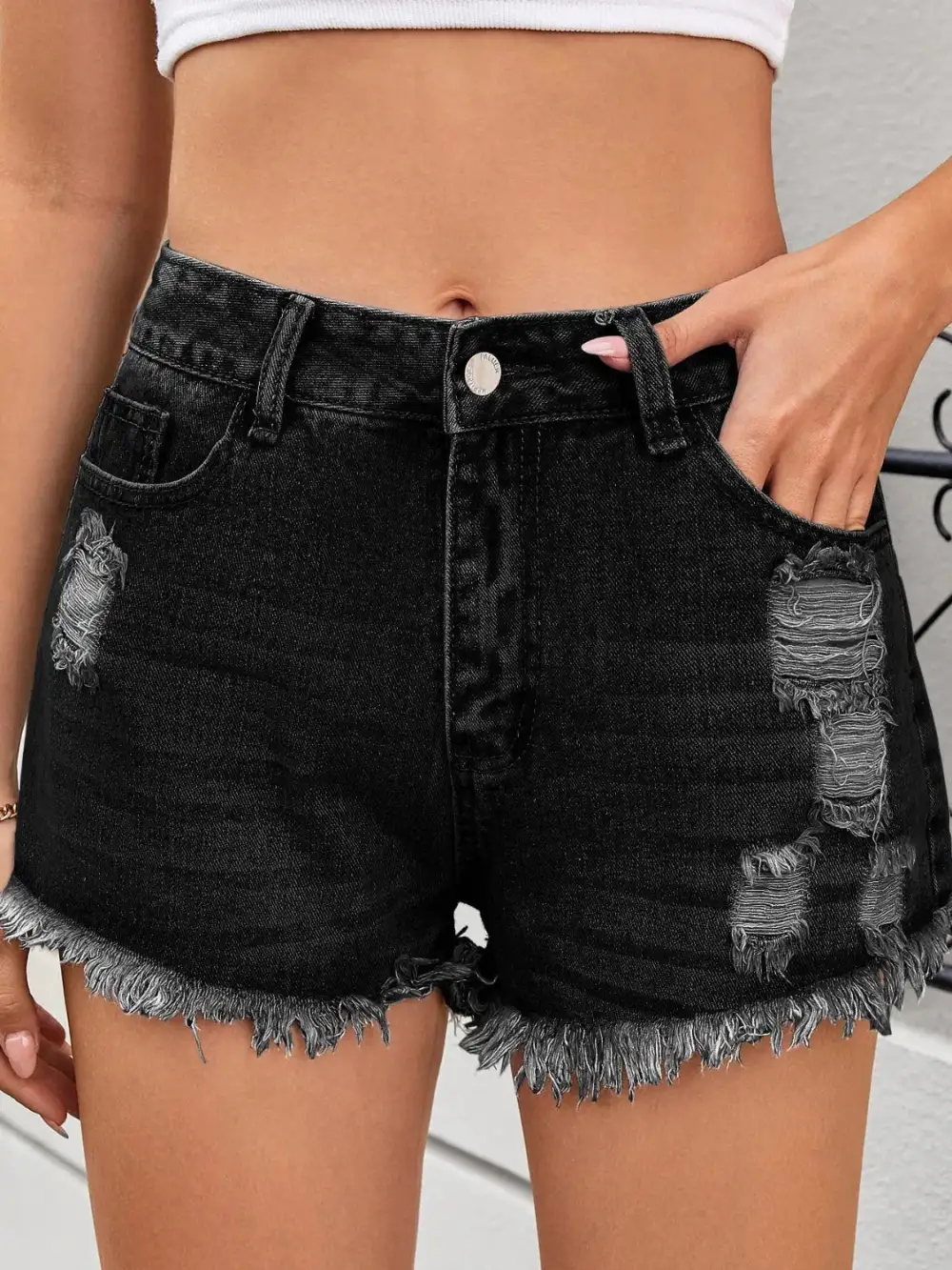 Tailored Distressed Raw Hem Denim Shorts